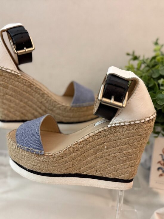 Shoes - See by Chloé Denim Leather Espadrille Platform Wedge Sandals 37